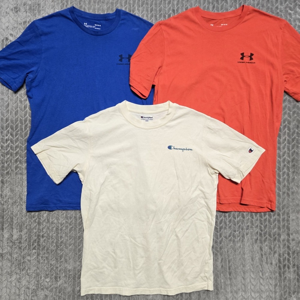 3 Athletic Shirts 2‎ Under Armour HeatGear Blue Coral 1 Champion White Sz Medium